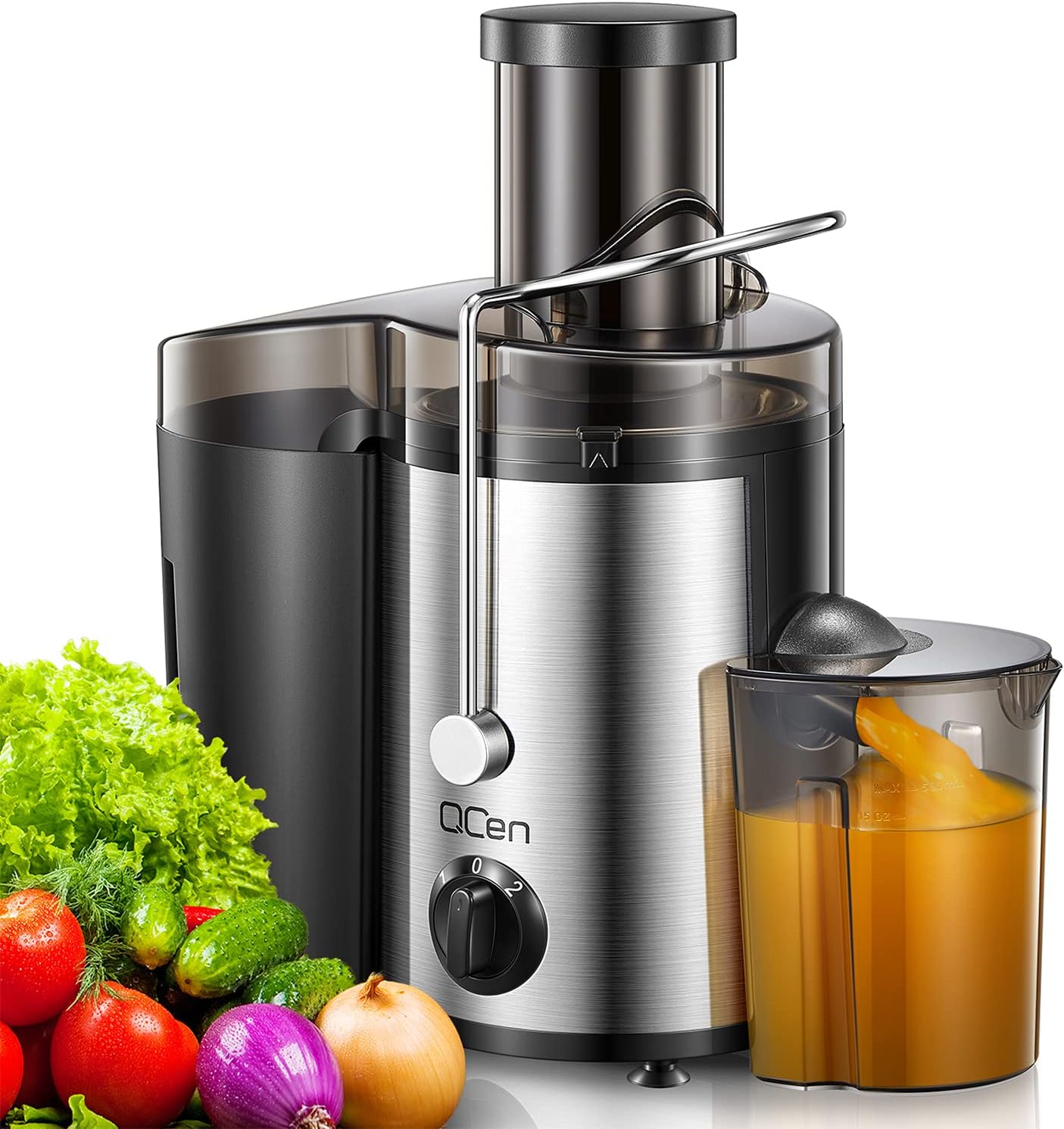 Qcen Juicer Machine, 500W Centrifugal Juicer Extractor with Wide Mouth 3” Feed Chute for Fruit Vegetable, Easy to Clean, Stainless Steel, BPA-free (Black) Qcen Juicer Machine, 500W Centrifugal Juicer Extractor with Wide Mouth 3” Feed Chute for Fruit Vegetable, Easy to Clean, Stainless Steel, BPA-free (Black)