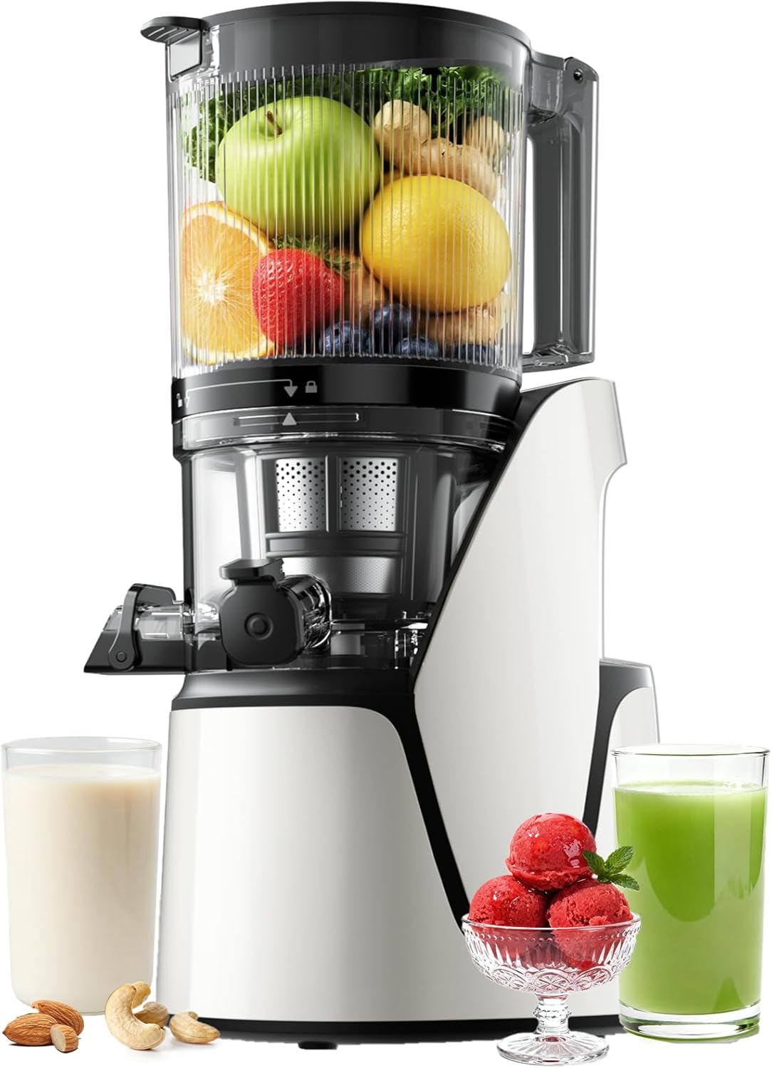 Juicer Machines, 3-in-1 Cold Press Juicer with 6.5″ Extra Large Chute, 100oz Large Capacity, AC Motor, Makes Juice, Nut Milk & Sorbet, Bright White Juicer Machines, 3-in-1 Cold Press Juicer with 6.5″ Extra Large Chute, 100oz Large Capacity, AC Motor, Makes Juice, Nut Milk & Sorbet, Bright White